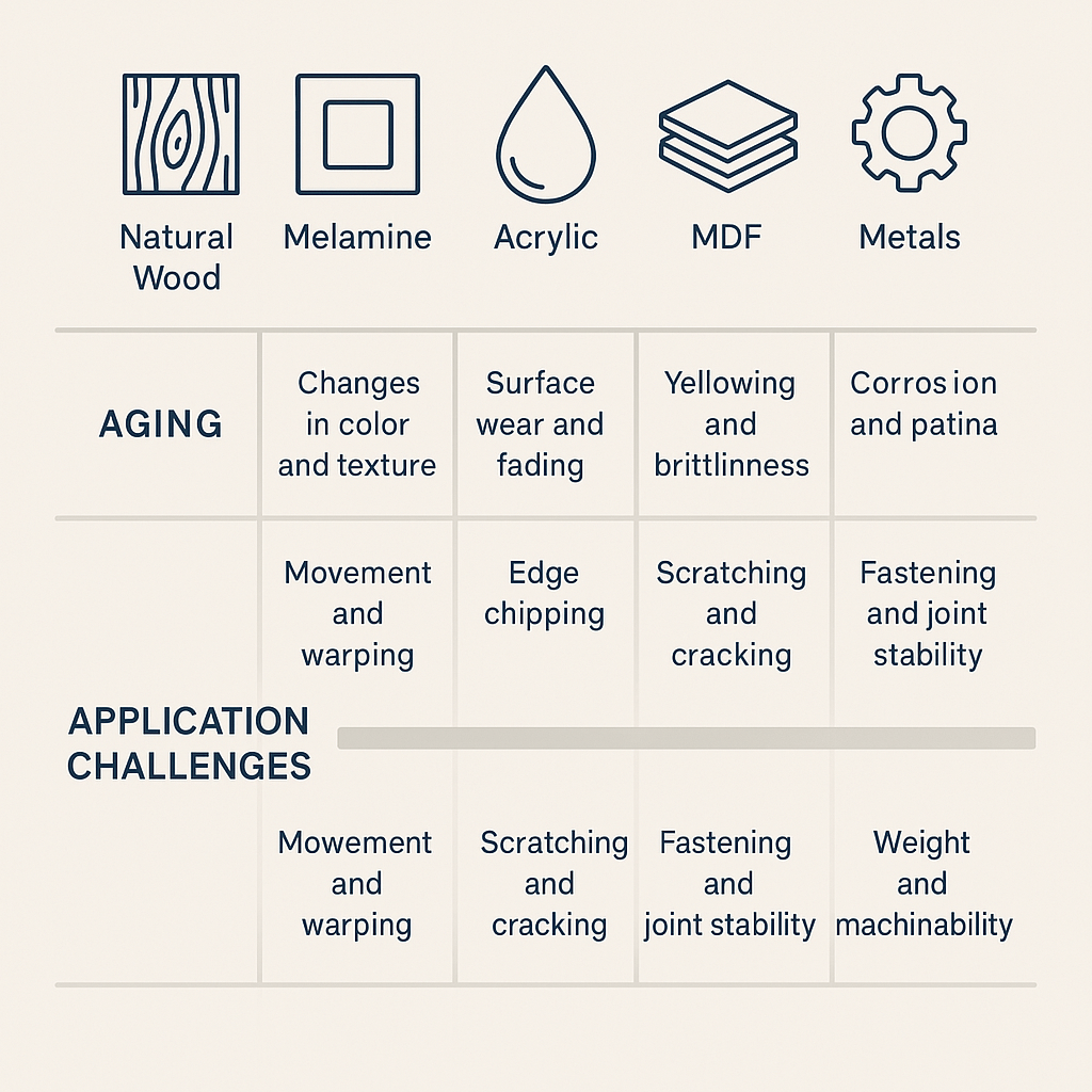Visual summary of material characteristics, aging behaviors, and design considerations.