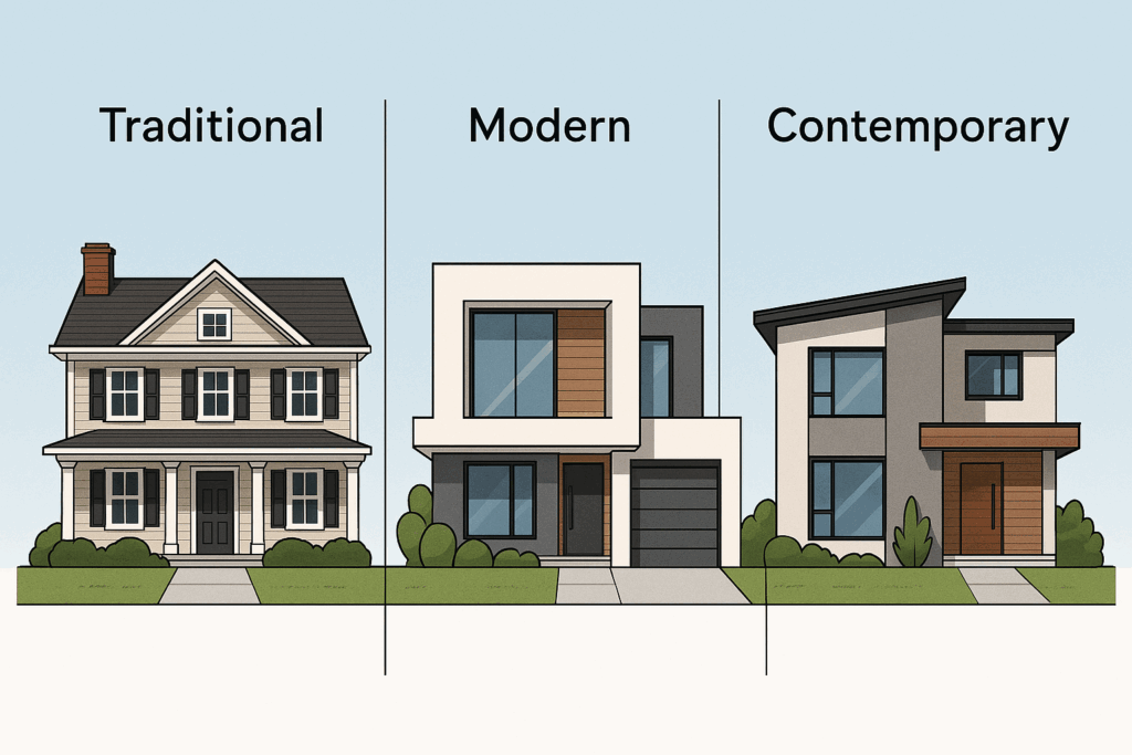 A side-by-side comparison of Traditional, Modern, and Contemporary homes.